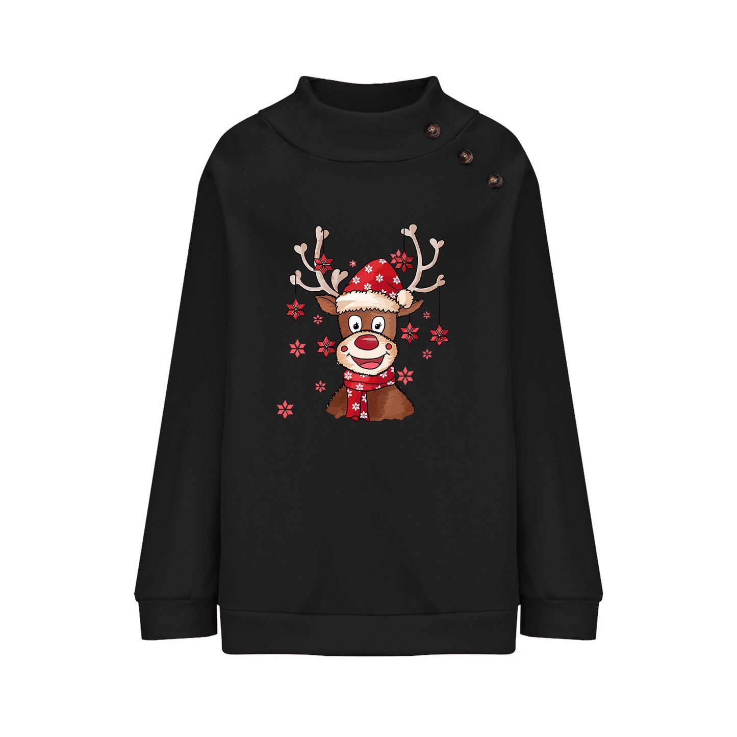 Turtleneck Buttons Christmas Deer Loose Sweater Female