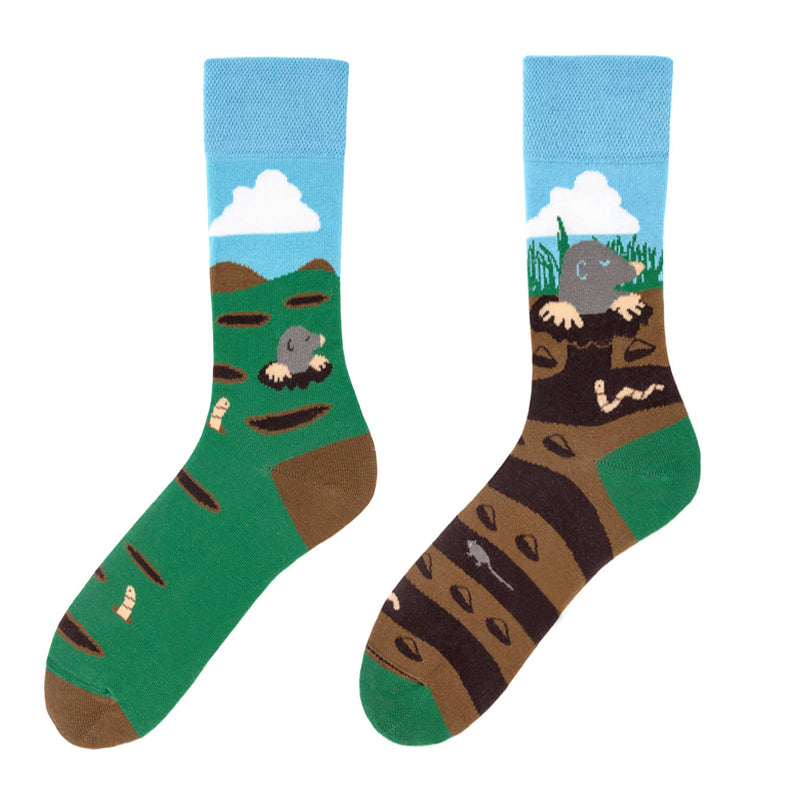 Asymmetrical Color Retro Personality Male And Female Couple Mid-length Cotton Socks