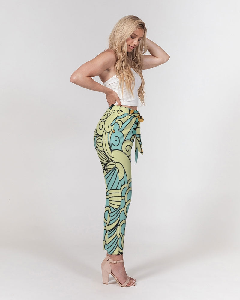 Angry yellow blue green print Women's Belted Tapered Pants