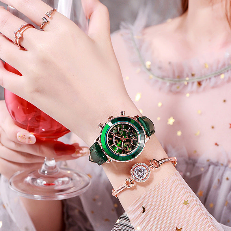 Green Leather Strap Ladies Belt Calendar Watch