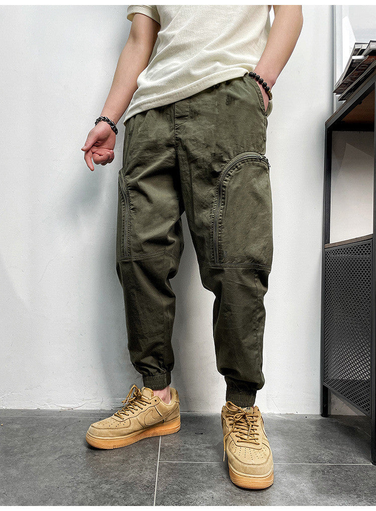 Men's Elastic Waist Zipper Big Pockets Drawstring Sports Cargo Pants