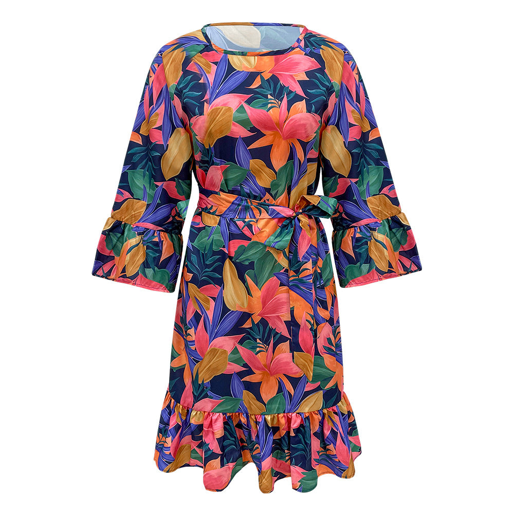 Fashion Printed Short-Sleeved Casual Stitching And Big Swing Dress