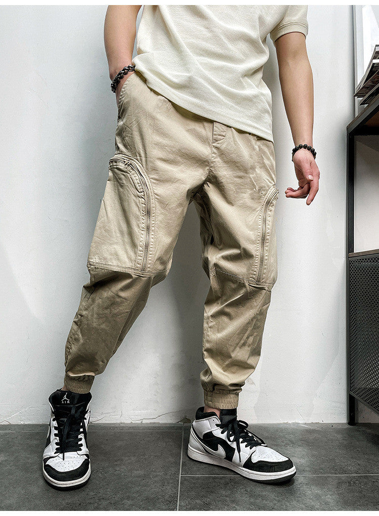 Men's Elastic Waist Zipper Big Pockets Drawstring Sports Cargo Pants