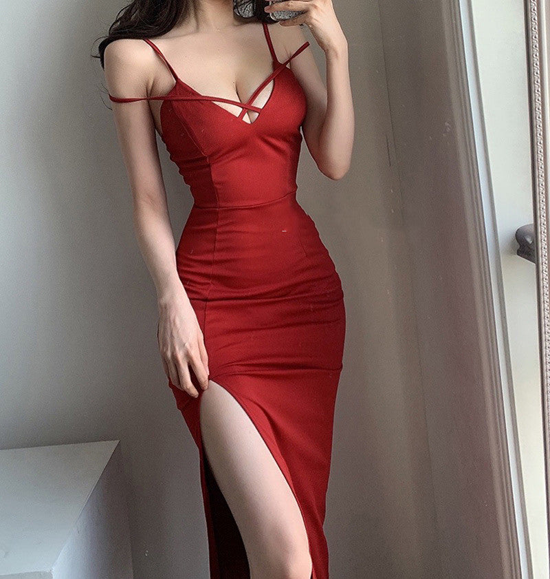 Cross Hollow Bag Hip Waist Temperament Slim Solid Color Dress