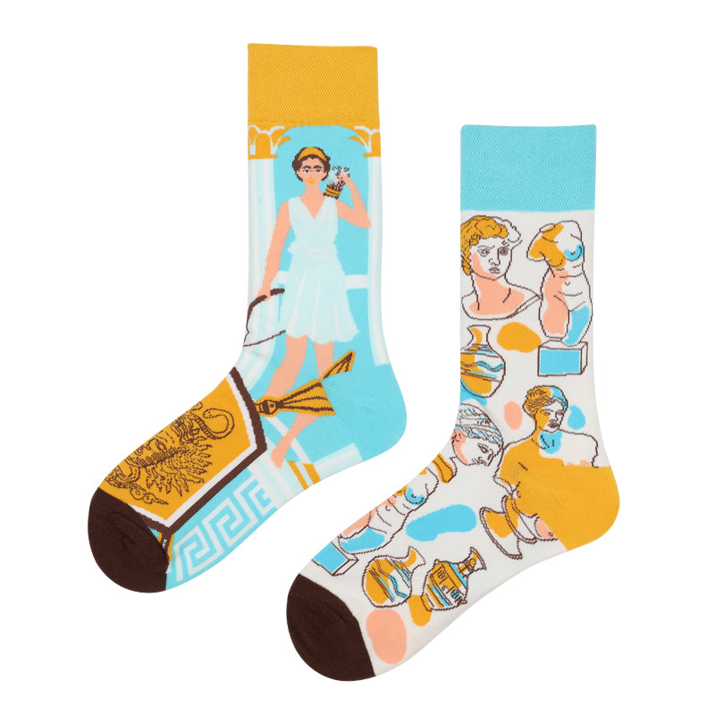 Asymmetrical Color Retro Personality Male And Female Couple Mid-length Cotton Socks