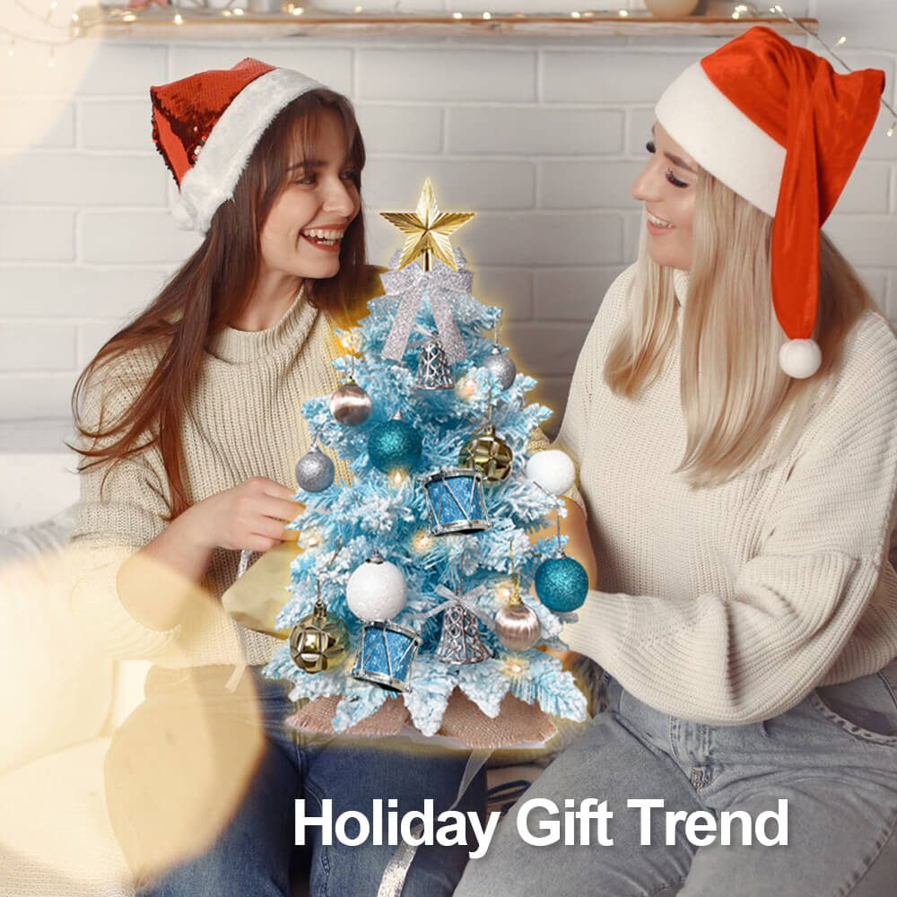 2ft Tabletop Christmas Tree With Light Artificial Small Mini Blue Christmas Decoration With Flocked Snow, Exquisite Decor & Xmas Ornaments For Table Top For Home & Office