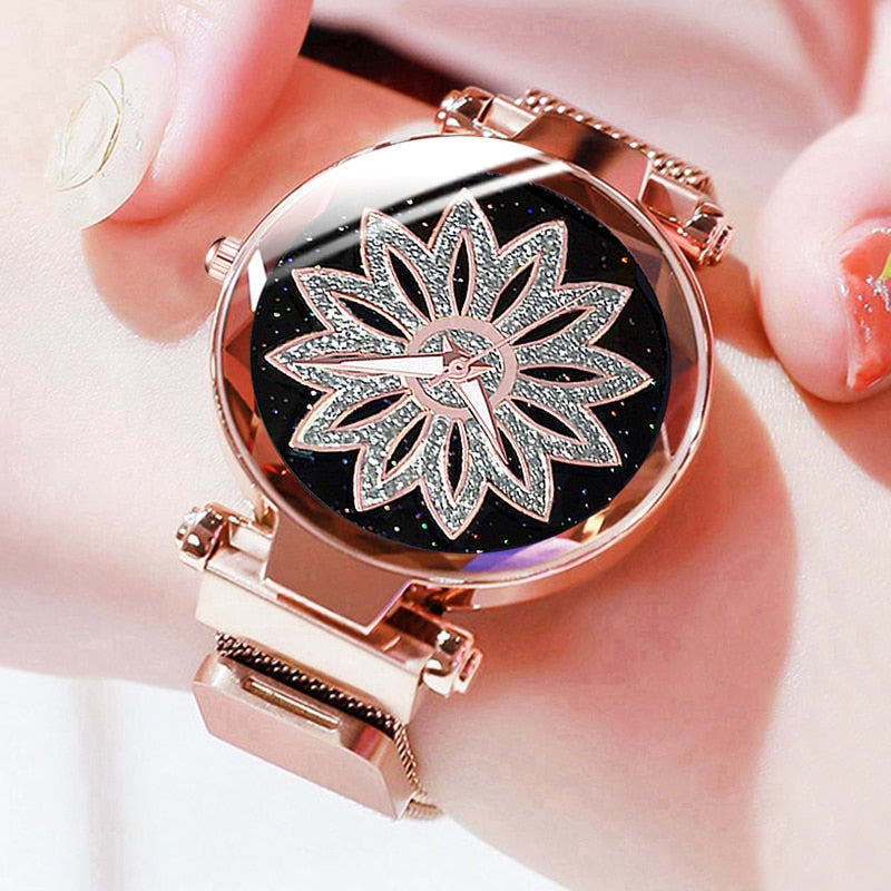 Quartz watch with starry sky surface for ladies