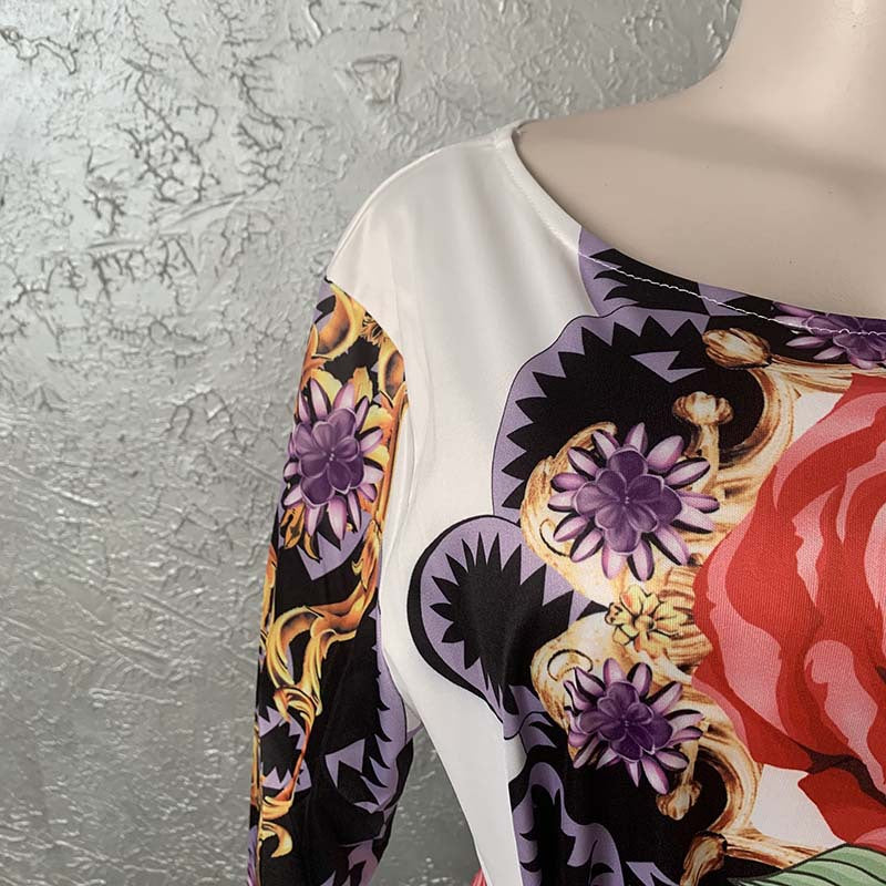 Digital Printed Rose Big Flower Waist Sleeve Round Neck Long Dress African Women's Clothing