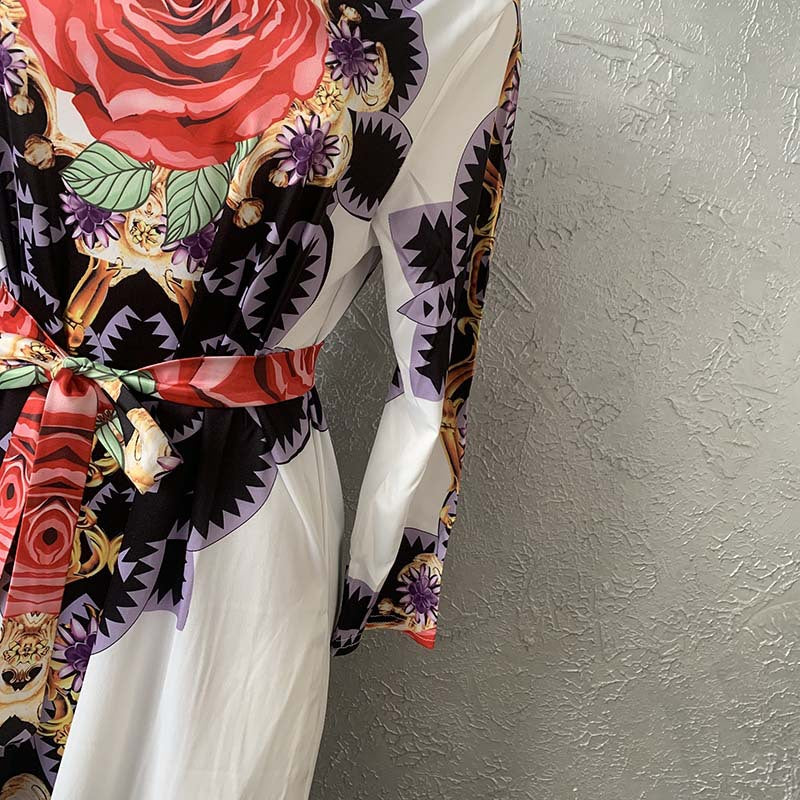 Digital Printed Rose Big Flower Waist Sleeve Round Neck Long Dress African Women's Clothing