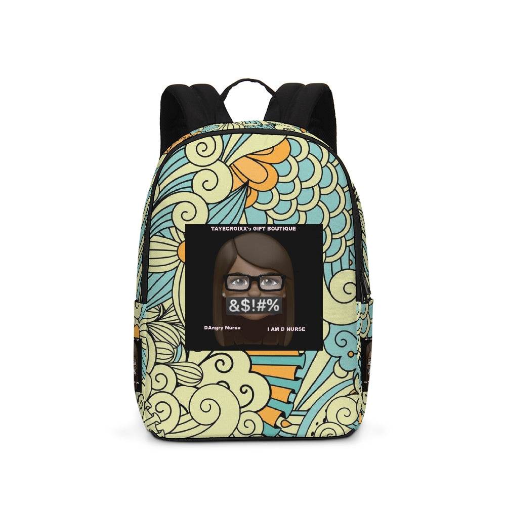 Angry yellow blue green print Large Backpack