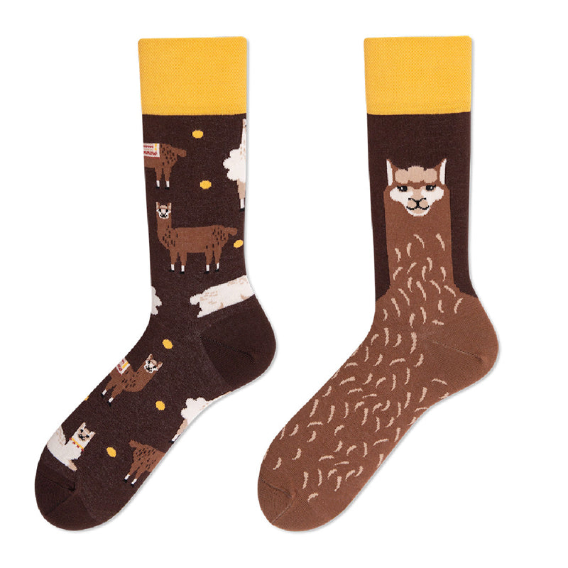 Asymmetrical Color Retro Personality Male And Female Couple Mid-length Cotton Socks