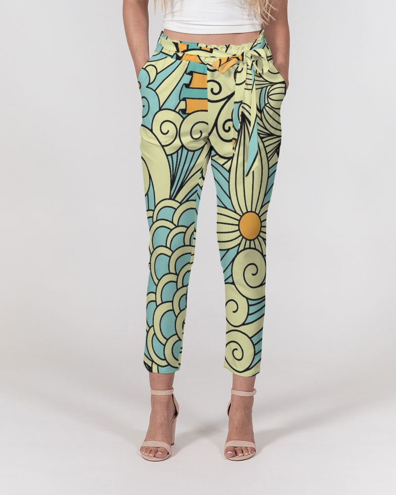 Angry yellow blue green print Women's Belted Tapered Pants