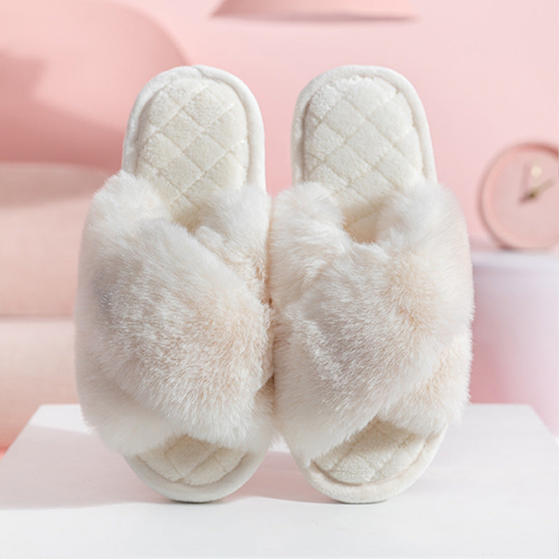 Cross-strap Furry Slippers Warm House Shoes For Women