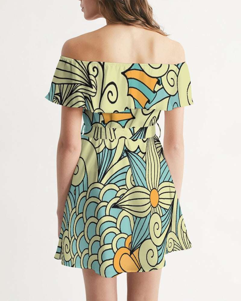 Angry yellow blue green print Women's Off-Shoulder Dress