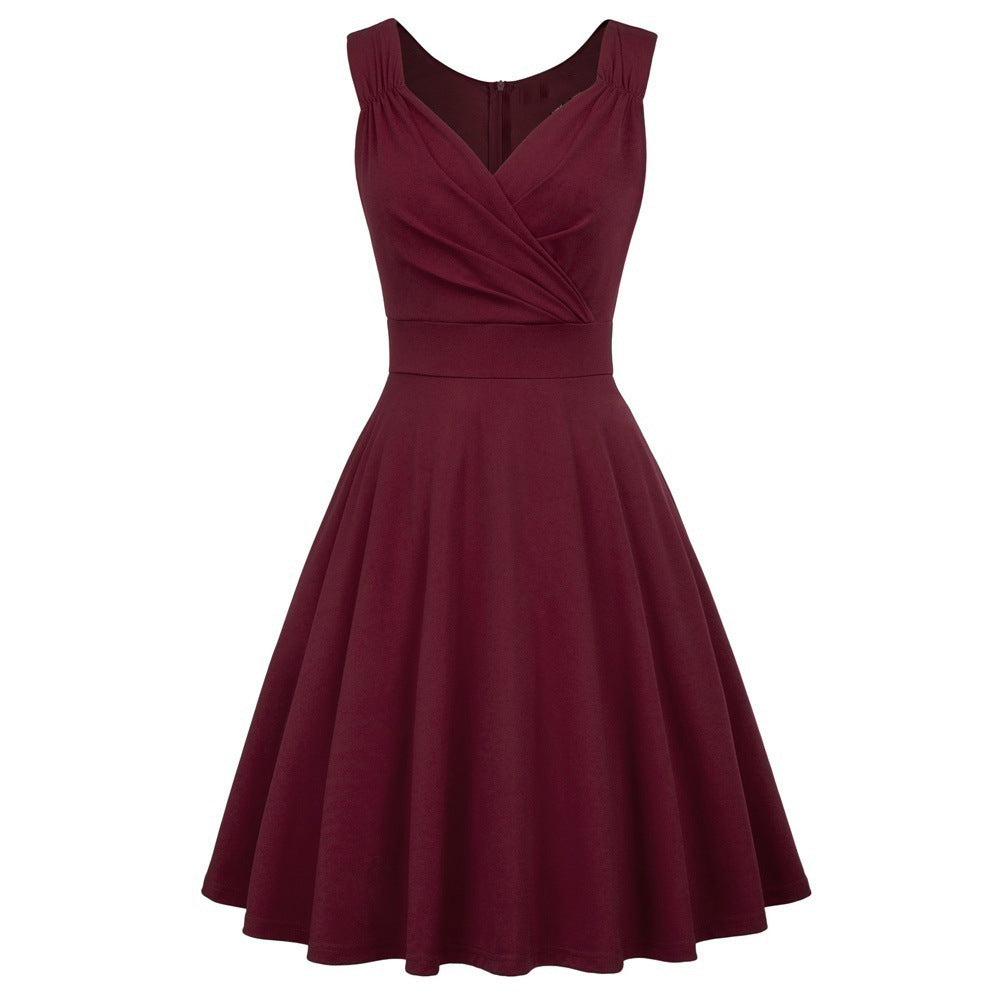 V-neck sleeveless sexy solid A-line skirt