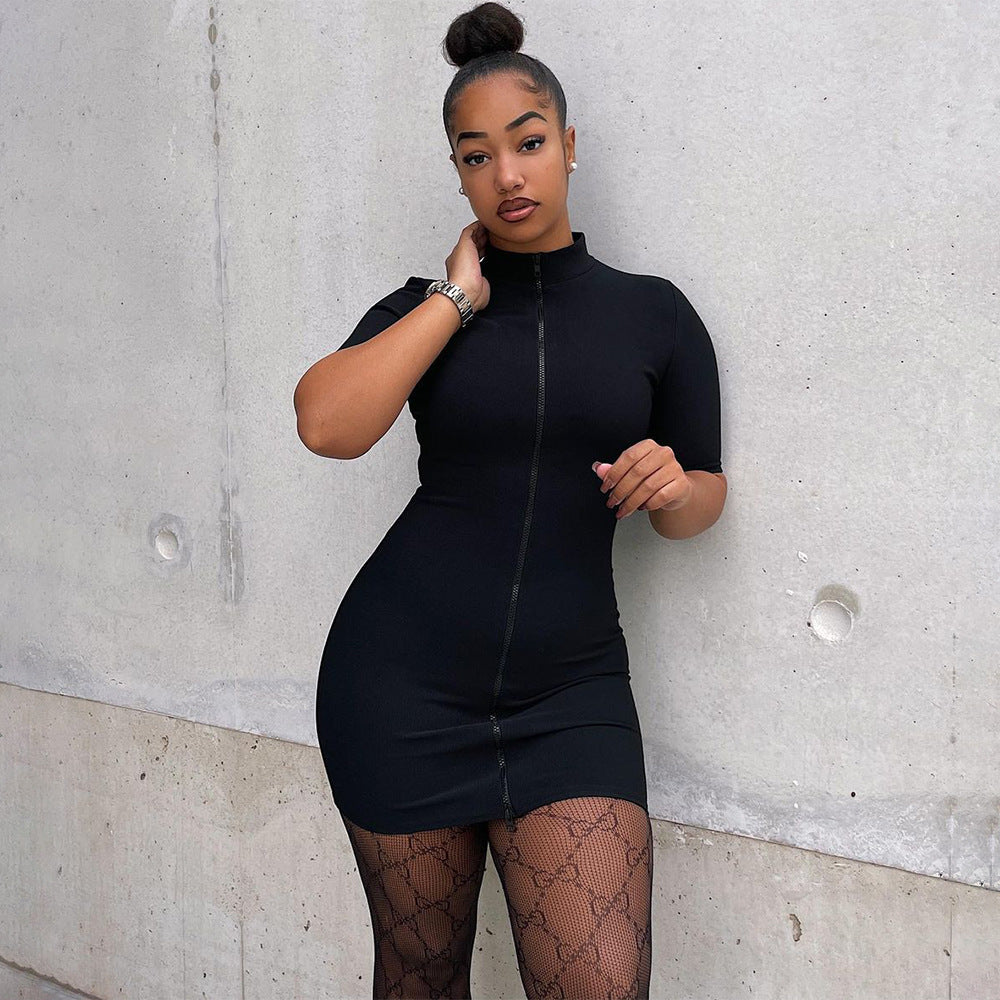 Women's Fashion Tight Zip Milk Silk Solid Color Half Sleeve Dress