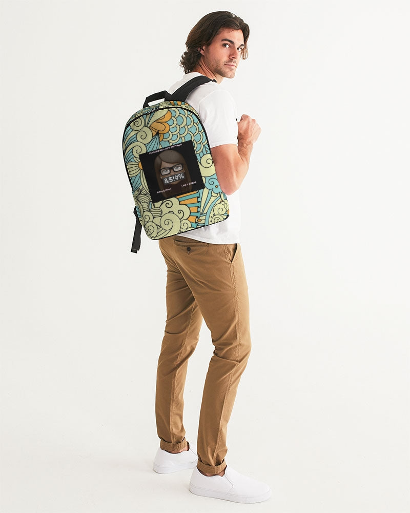Angry yellow blue green print Large Backpack