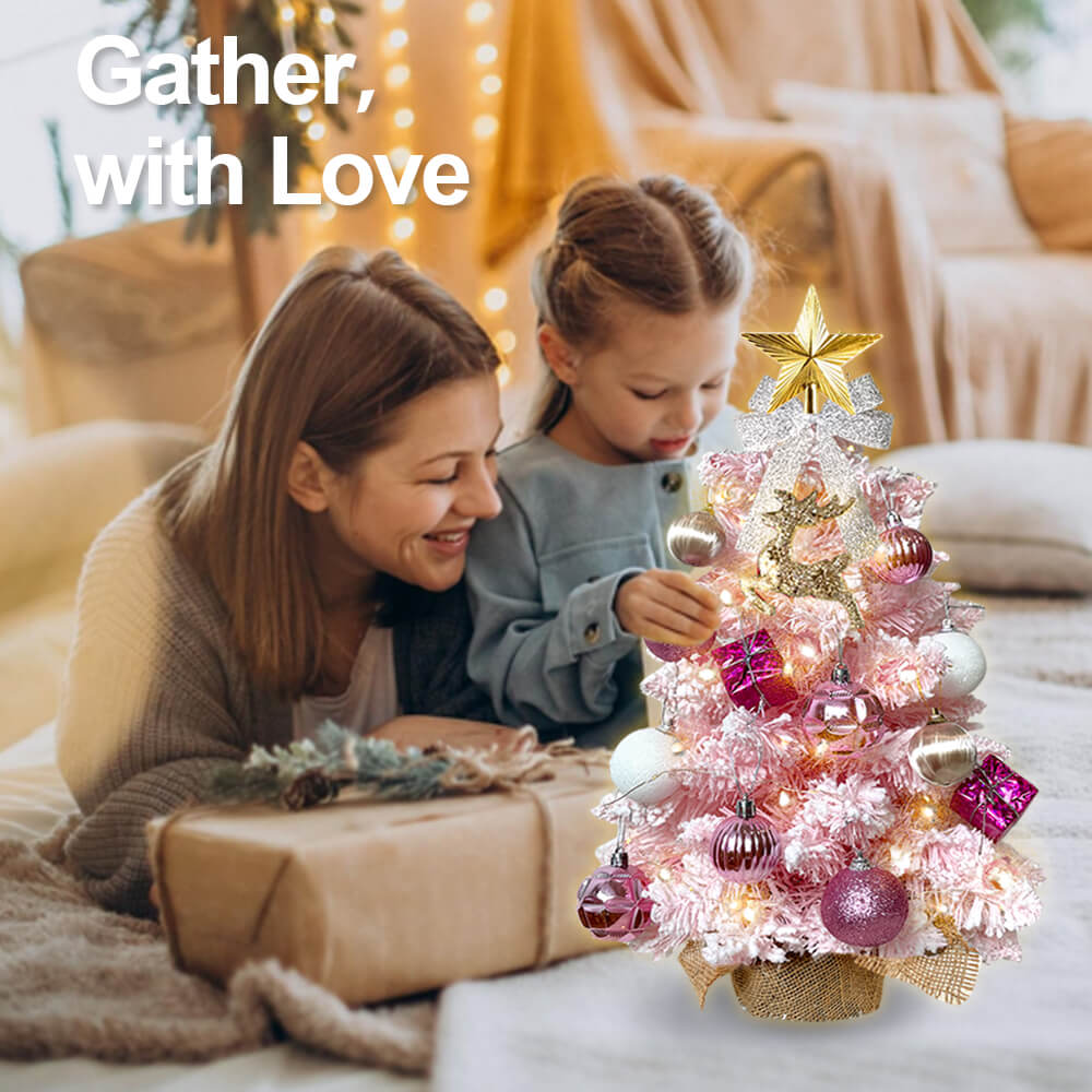2ft Tabletop Christmas Tree With Light Artificial Small Mini Christmas Decoration With Flocked Snow, Exquisite Decor & Xmas Ornaments For Table Top For Home & Office