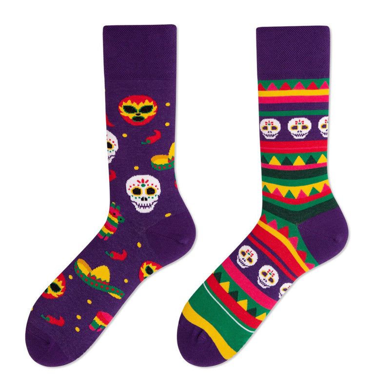 Asymmetrical Color Retro Personality Male And Female Couple Mid-length Cotton Socks
