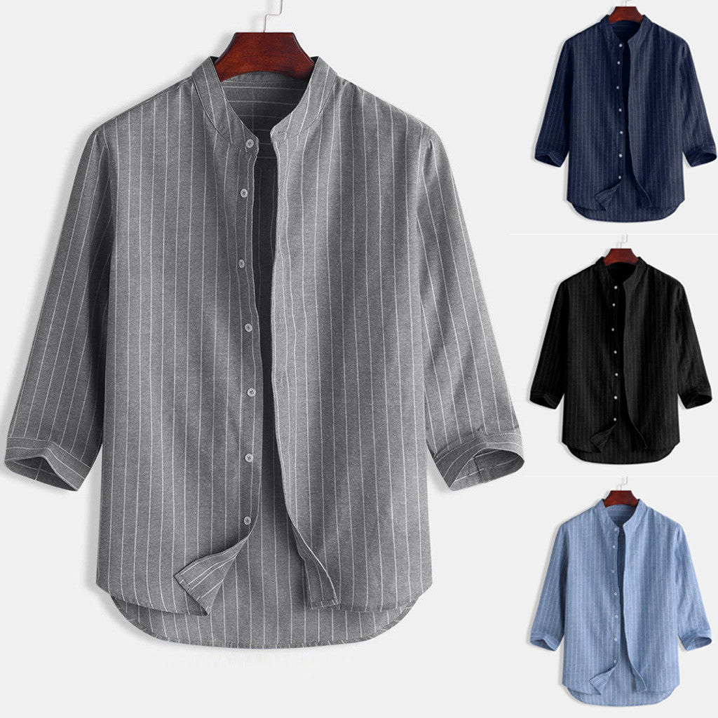 Striped Linen Three Quarter Sleeve Men's Shirt