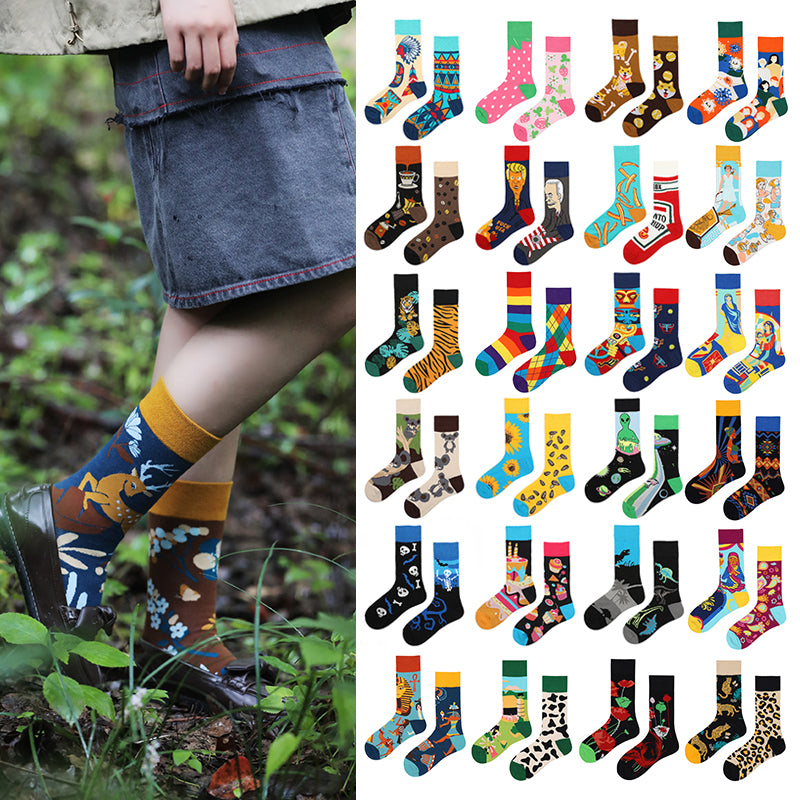 Asymmetrical Color Retro Personality Male And Female Couple Mid-length Cotton Socks