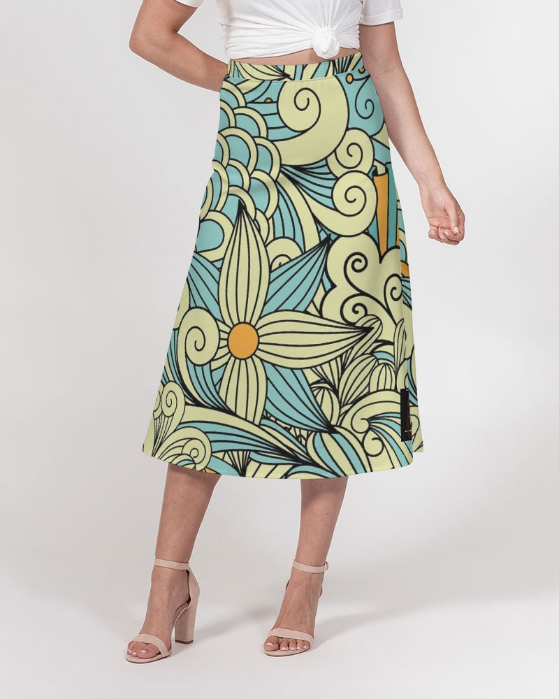 Angry yellow blue green print Women's A-Line Midi Skirt