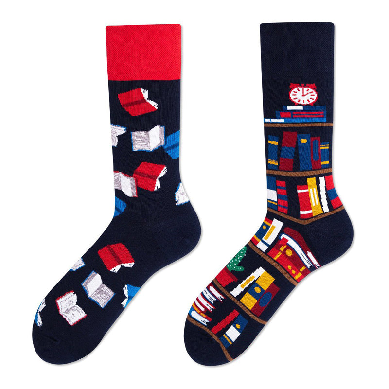 Asymmetrical Color Retro Personality Male And Female Couple Mid-length Cotton Socks