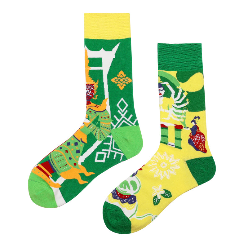 Asymmetrical Color Retro Personality Male And Female Couple Mid-length Cotton Socks