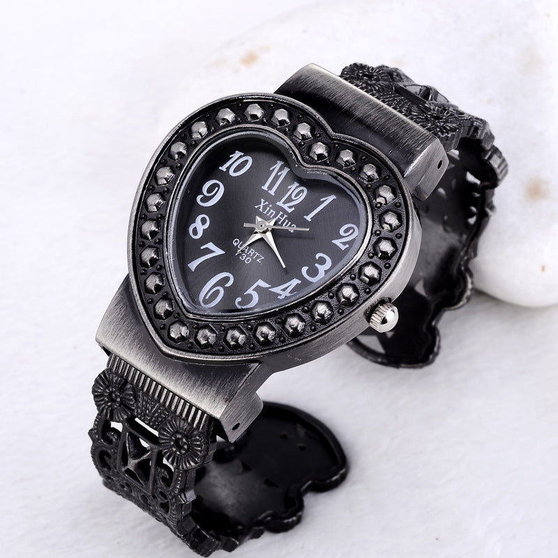 Peach Heart Full Diamond Girls Bracelet Quartz Watch