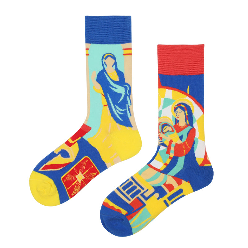 Asymmetrical Color Retro Personality Male And Female Couple Mid-length Cotton Socks