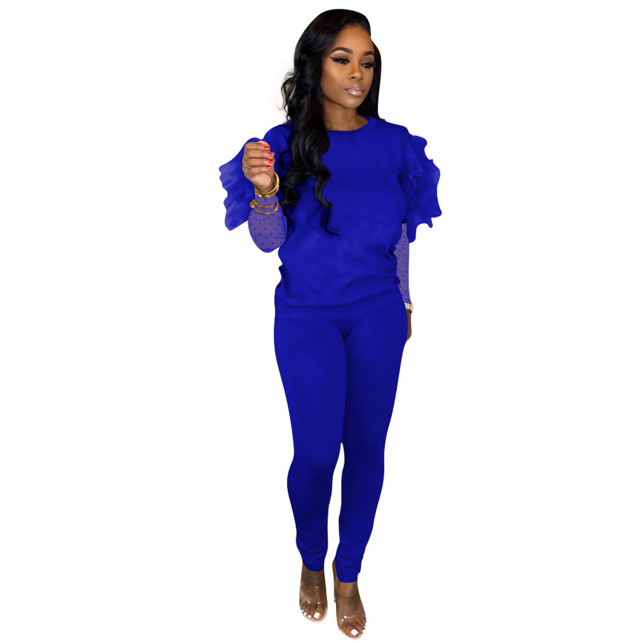 Multicolor Round Neck Mesh Sleeves Casual Two-piece Suit