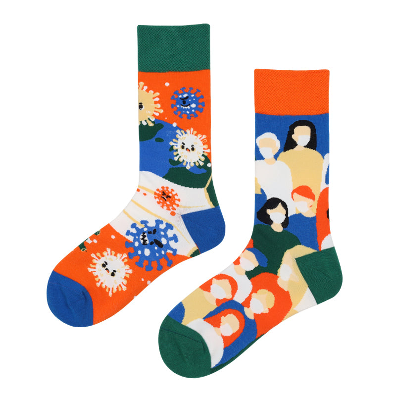 Asymmetrical Color Retro Personality Male And Female Couple Mid-length Cotton Socks