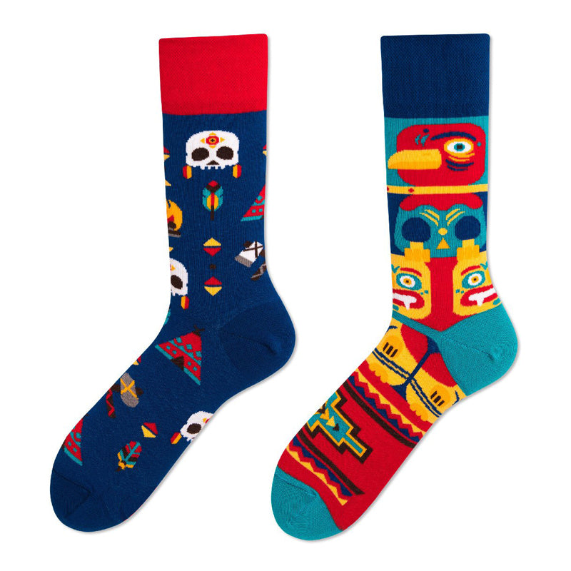 Asymmetrical Color Retro Personality Male And Female Couple Mid-length Cotton Socks