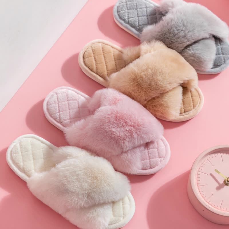 Cross-strap Furry Slippers Warm House Shoes For Women