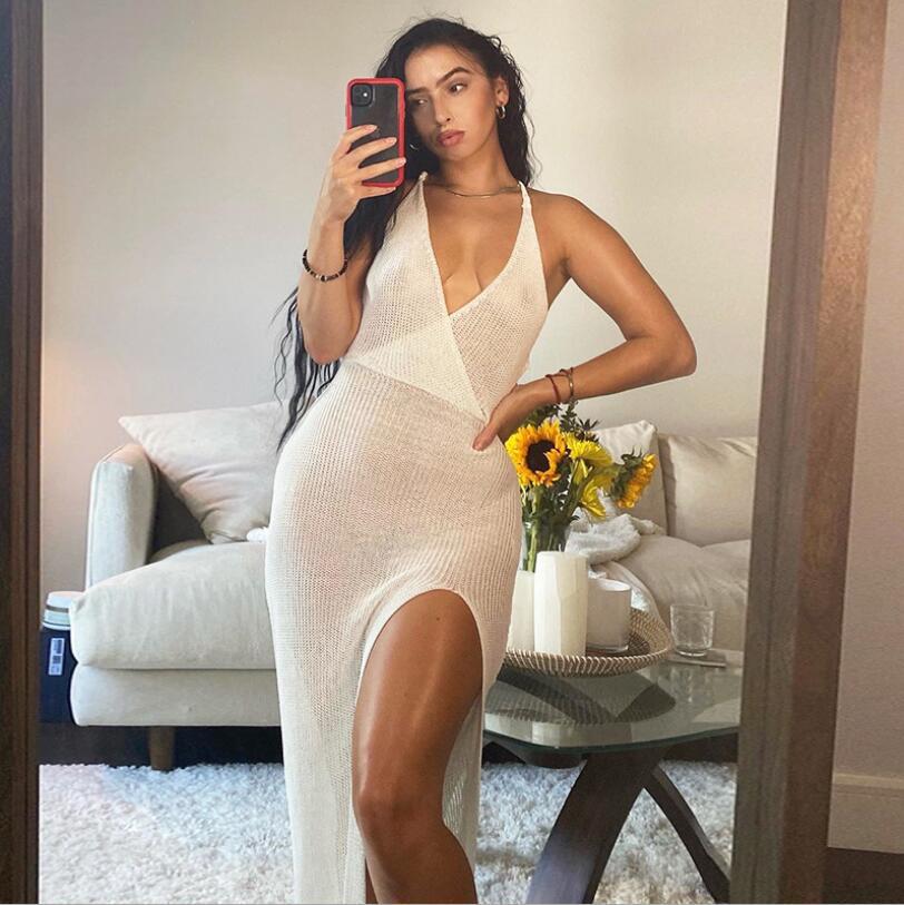 European American Summer New Fashion V-neck Backless Lace-up See-through Crochet Beach Vest Dress