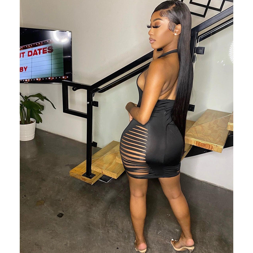 Women's Solid Color Burning Flower Halter Hollow Dress