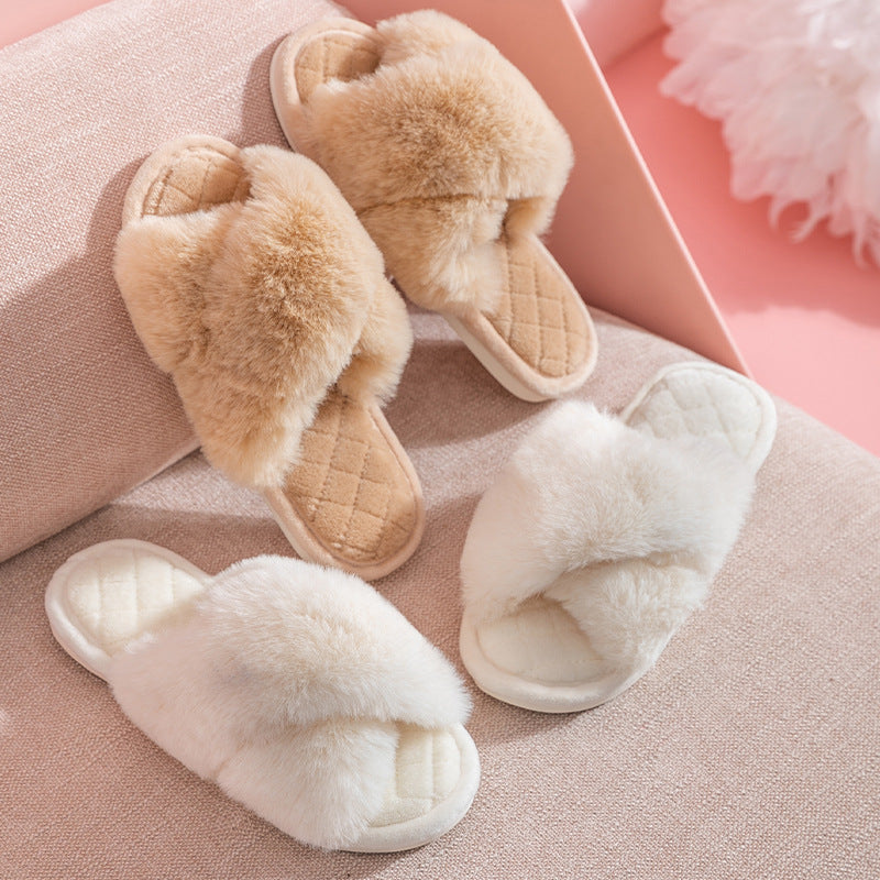 Cross-strap Furry Slippers Warm House Shoes For Women