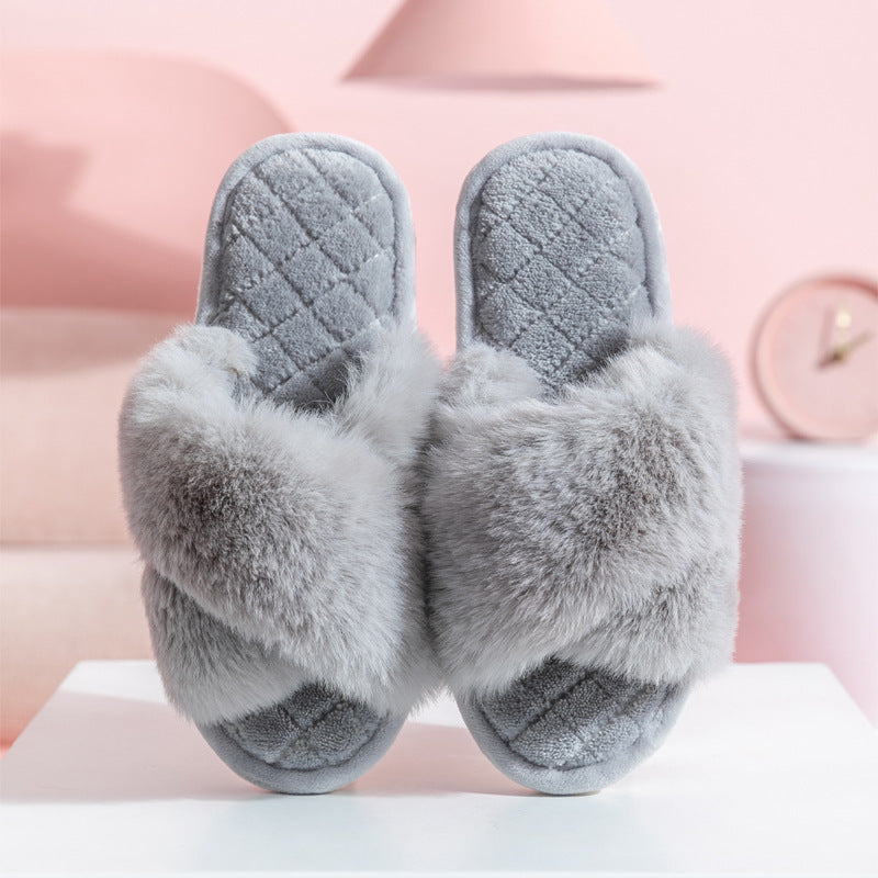 Cross-strap Furry Slippers Warm House Shoes For Women