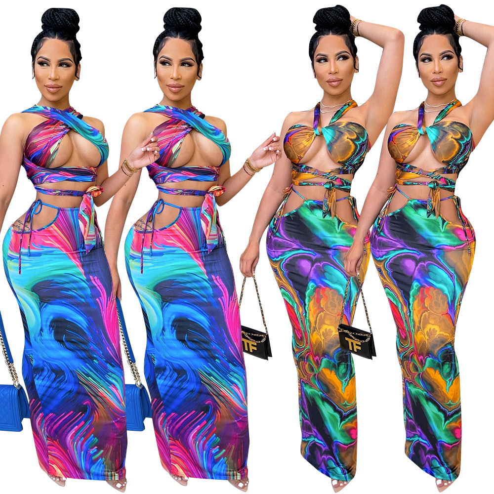 Fashion Sexy Digital Print Breast Wrap Ladies Two-Piece Suit