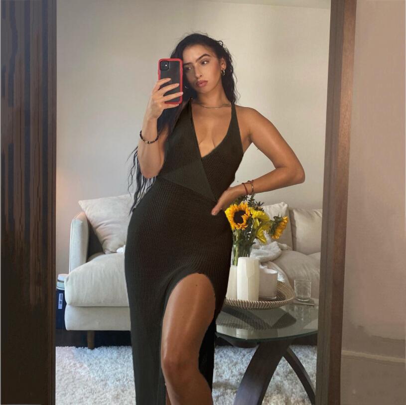European American Summer New Fashion V-neck Backless Lace-up See-through Crochet Beach Vest Dress