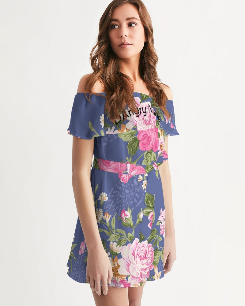 Angry pink flowers Women's Off-Shoulder Dress