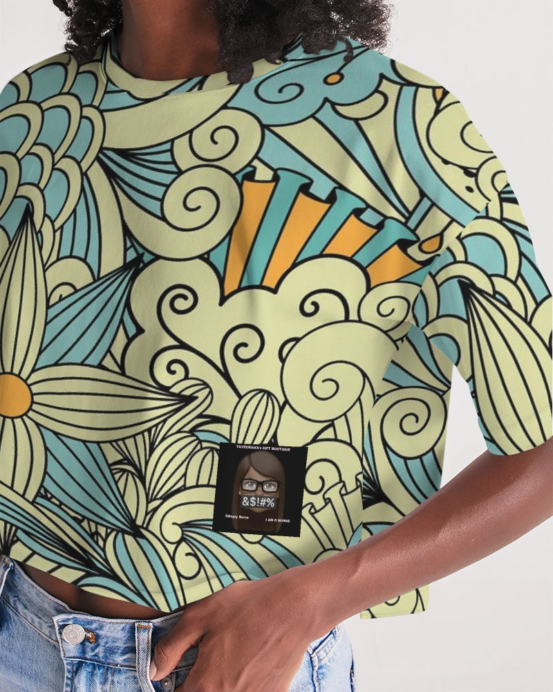 Angry yellow blue green print Women's Lounge Cropped Tee