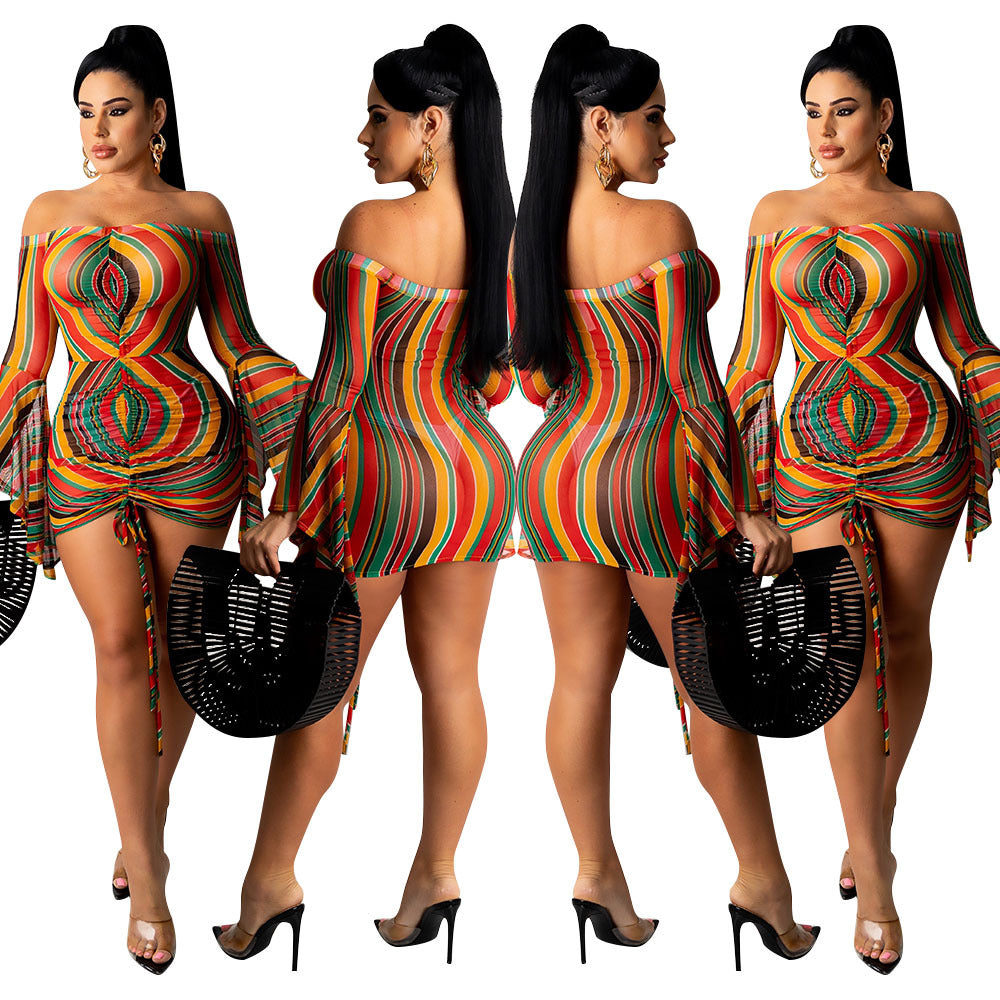 Sexy One-Shoulder Mesh Printed Long-Sleeved Flared Sleeve Dress