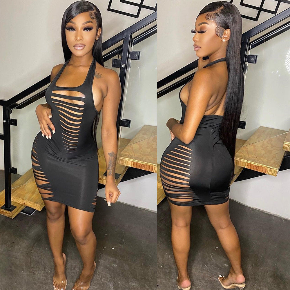 Women's Solid Color Burning Flower Halter Hollow Dress