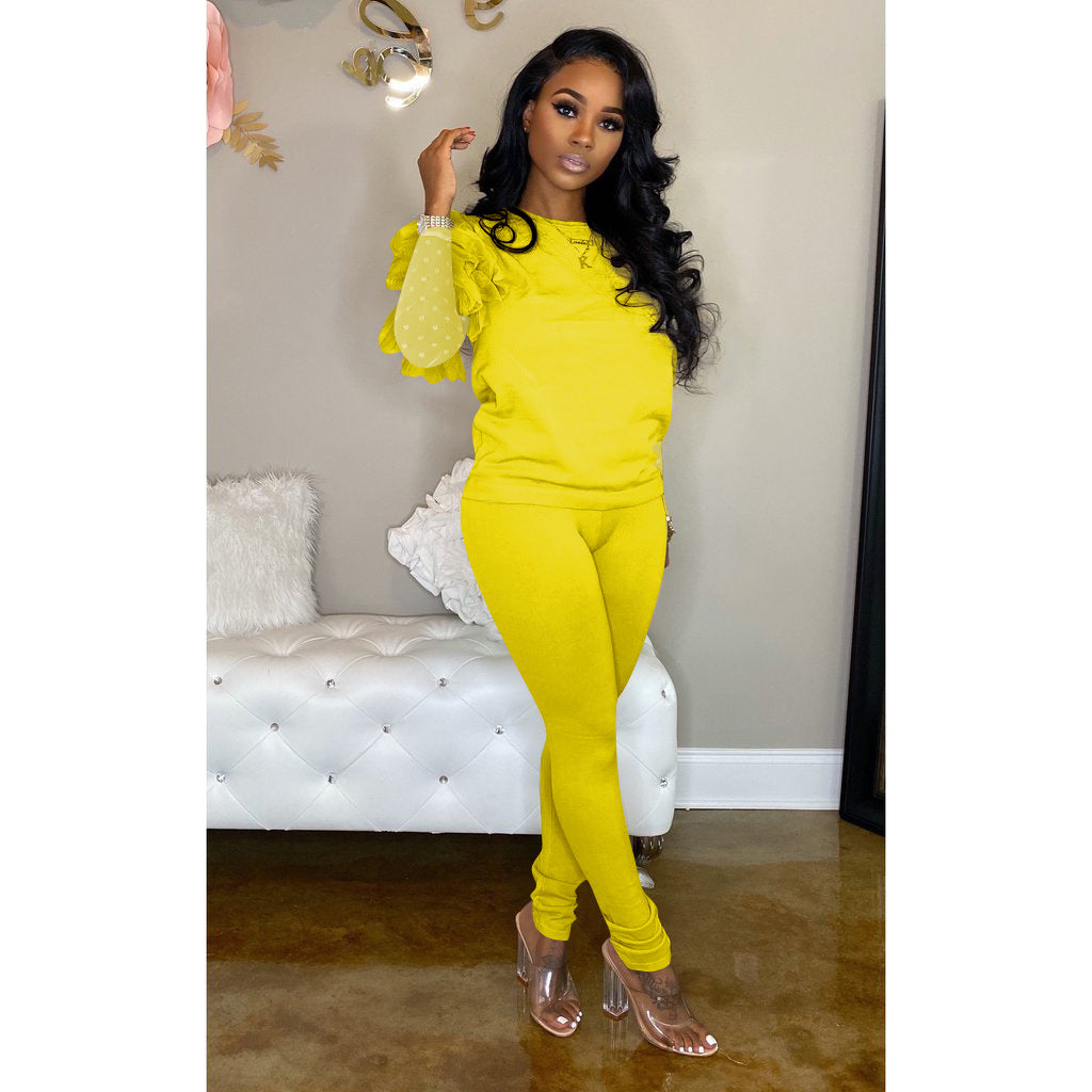 Multicolor Round Neck Mesh Sleeves Casual Two-piece Suit