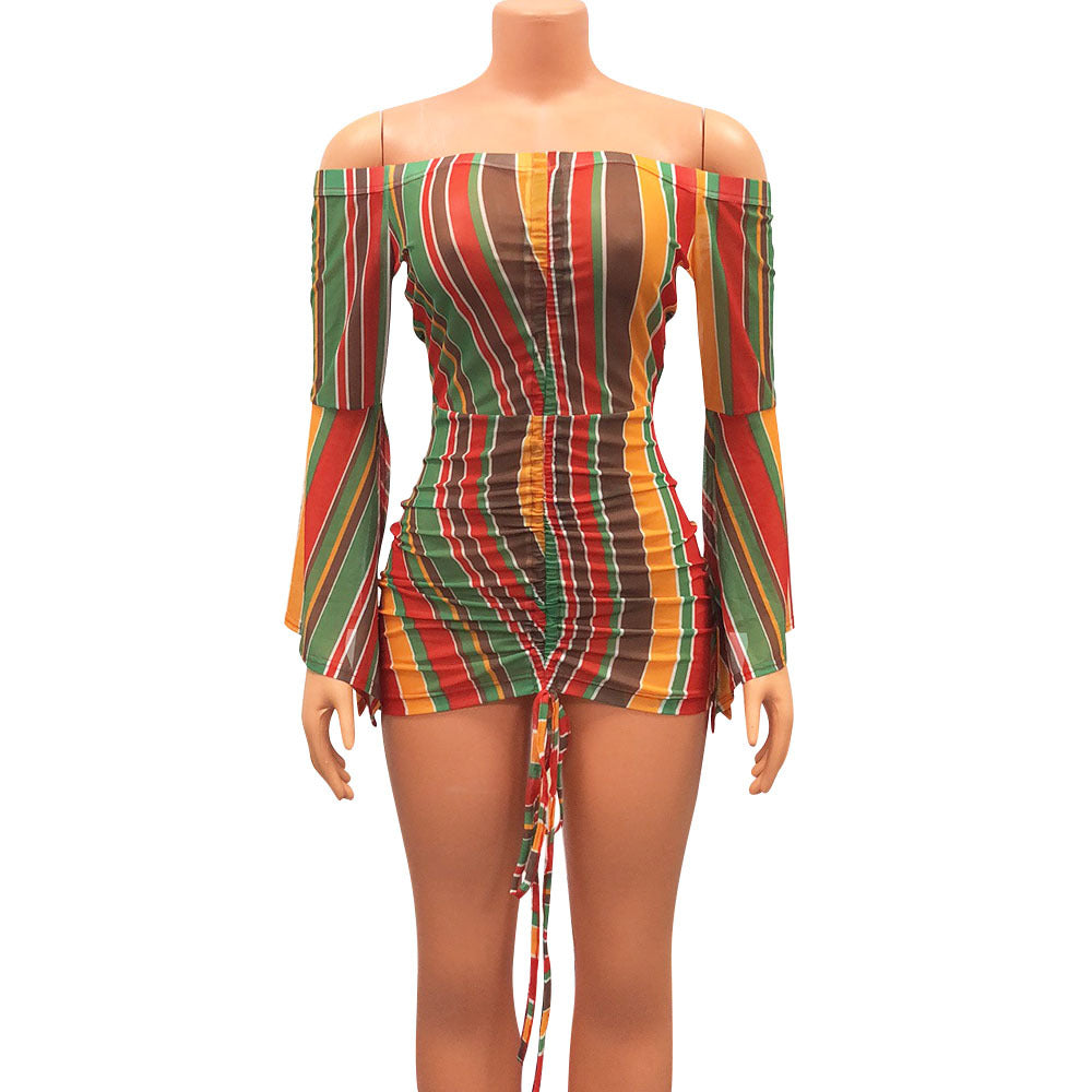 Sexy One-Shoulder Mesh Printed Long-Sleeved Flared Sleeve Dress