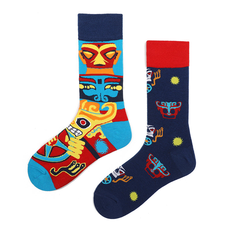 Asymmetrical Color Retro Personality Male And Female Couple Mid-length Cotton Socks