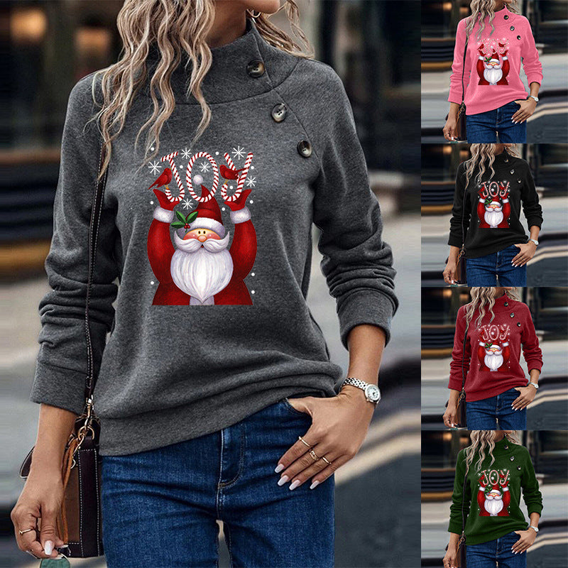 Printed Button Christmas Loose Long Sleeve Sweatershirt Women
