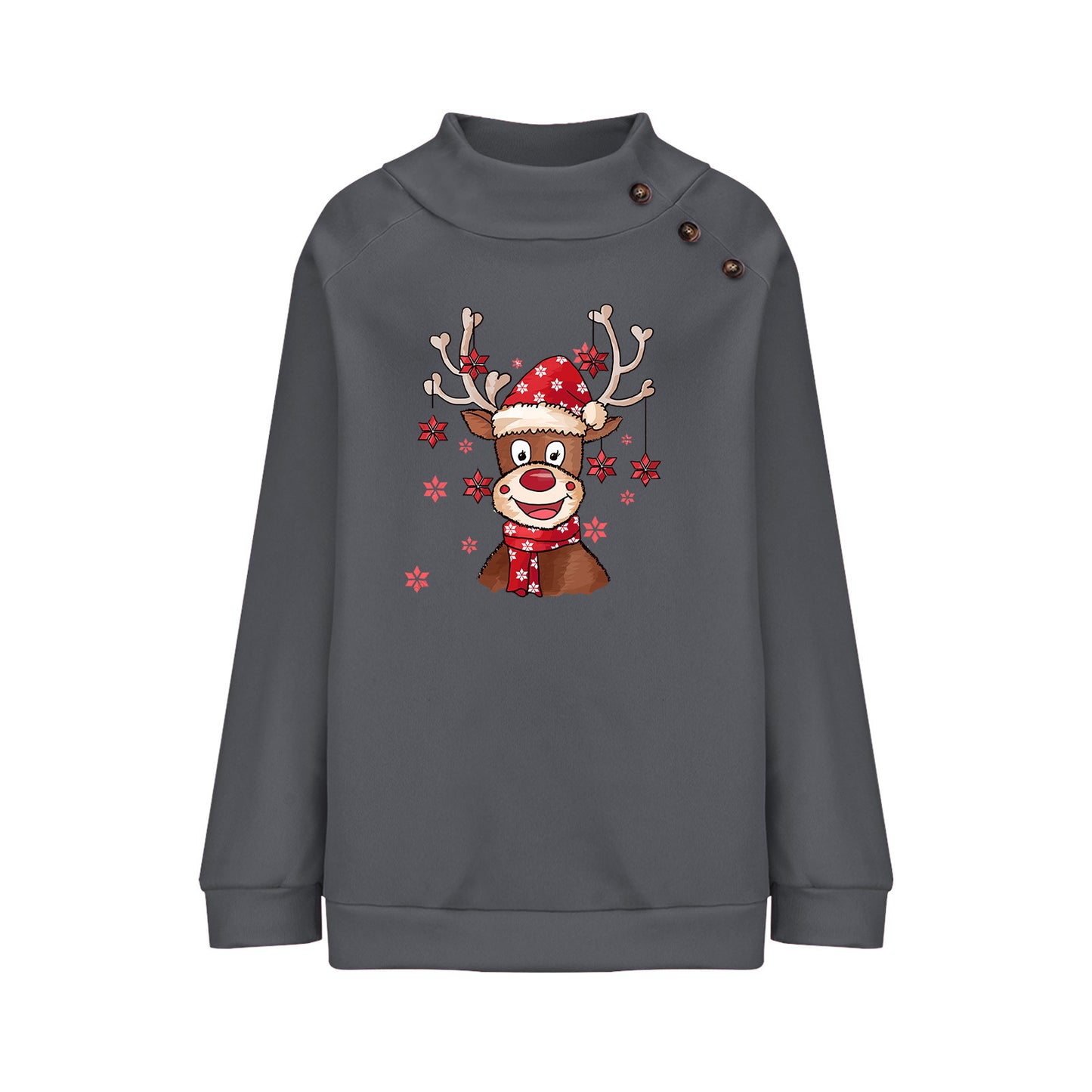 Turtleneck Buttons Christmas Deer Loose Sweater Female