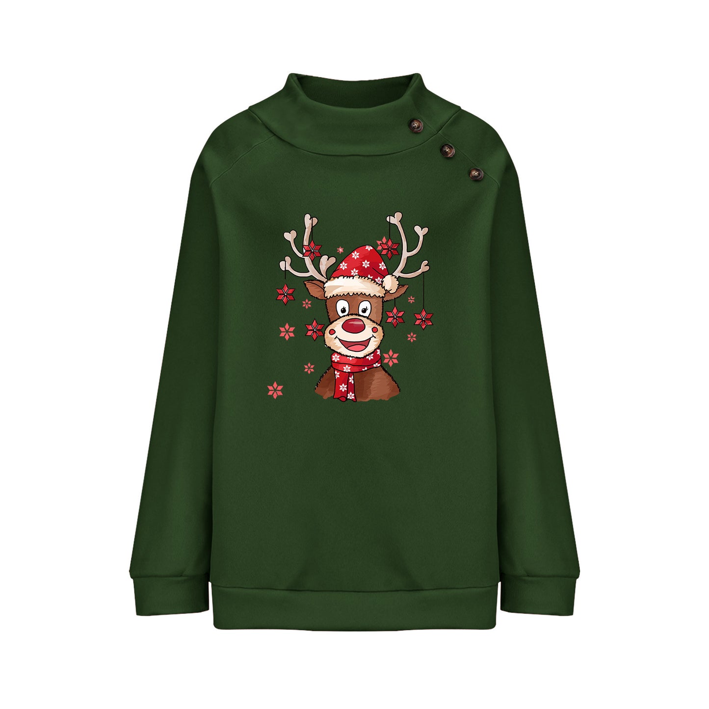 Turtleneck Buttons Christmas Deer Loose Sweater Female